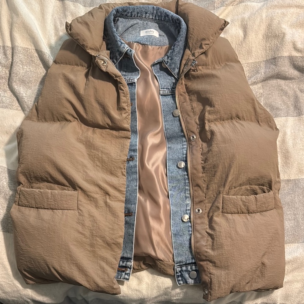 BluIvy Tan Puffer Vest with Denim Jacket Lining